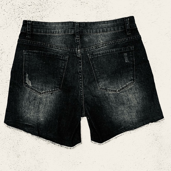 Stretch Black Denim Distressed Short Pants - Picture 2 of 3